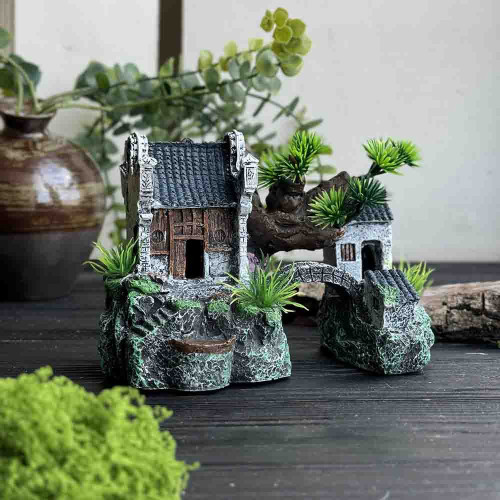Мініатюрний східний пейзаж для акваріума та чайного простору Будиночок біля гірського мосту Мініатюрний східний пейзаж для акваріума та чайного простору Будиночок біля гірського мосту